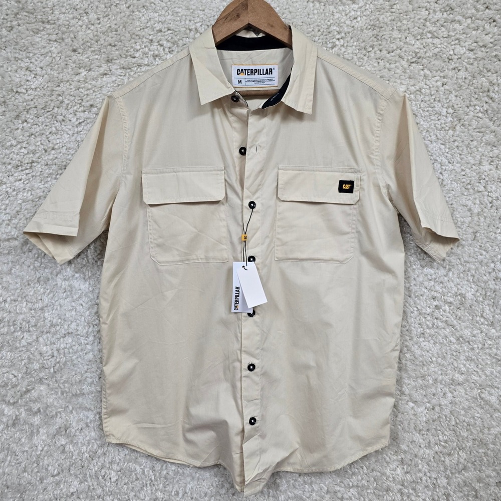 Caterpillar Relaxed Poplin Utility Shirt Mens‎ M Beige Short Sleeve Workwear